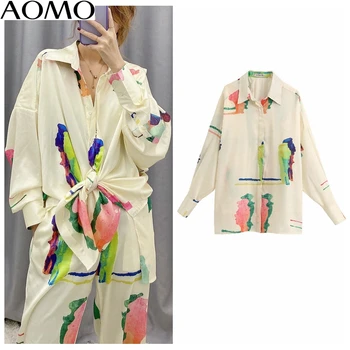 

AOMO fashion women retro oversized print turn down collar shirt long sleeve chic female casual loose blouse tops BE361A