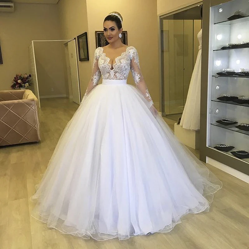 Miaoduo abiti da sposa элегантное Пышное Бальное платье Свадебные платья с длинным рукавом v-образным вырезом кружева аппликации и пол костюм для свадьбы платье