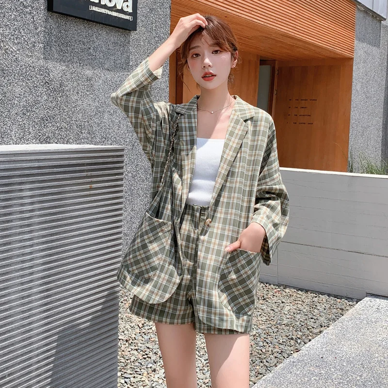 Elegant Autumn Plaid Suit 2PS Set Women Blazer Coat Causal Long Sleeve Oversize Shorts Pants Office Lady Pocket Suit Blazer Set