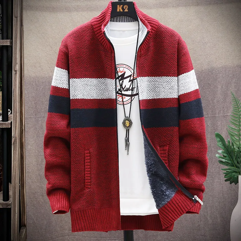 Men's Wool Sweater Jacket Autumn Winter Fleece Thick Warm Stripe Jumpers Zipper Cardigan Casual Loose Cold Coat