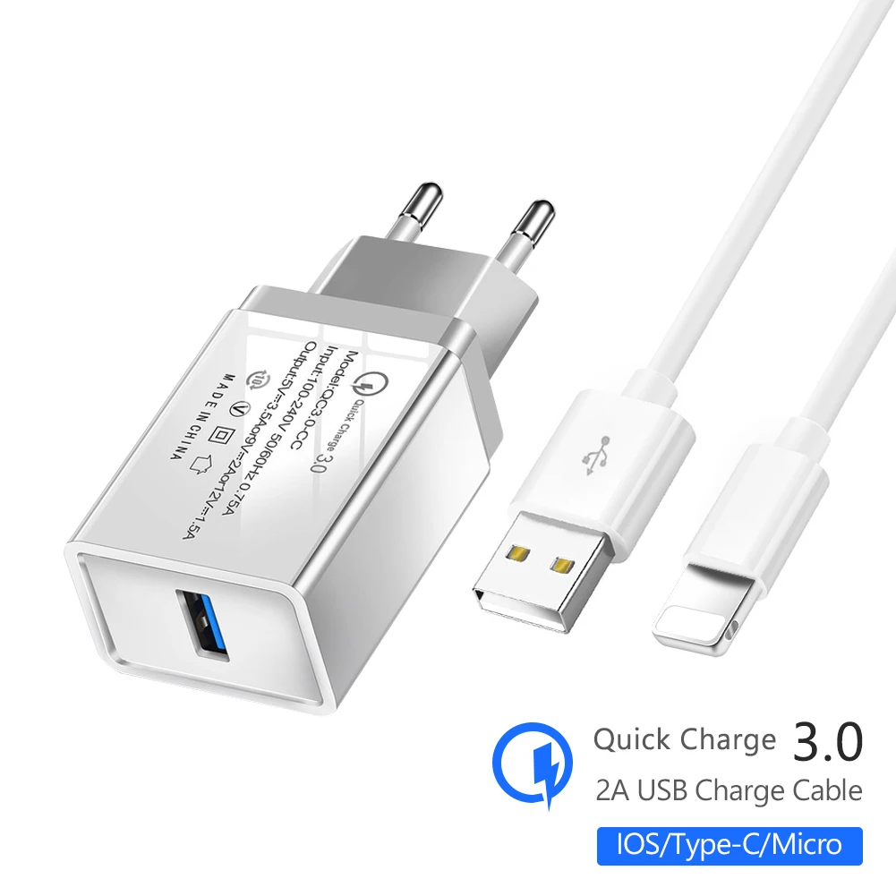 

Quick Charge 3.0 USB Fast Charger EU/US QC3.0 USB Wall Charger Adapter + Cable Phone Chargers for iphone X Xiaomi Samsung Huawei