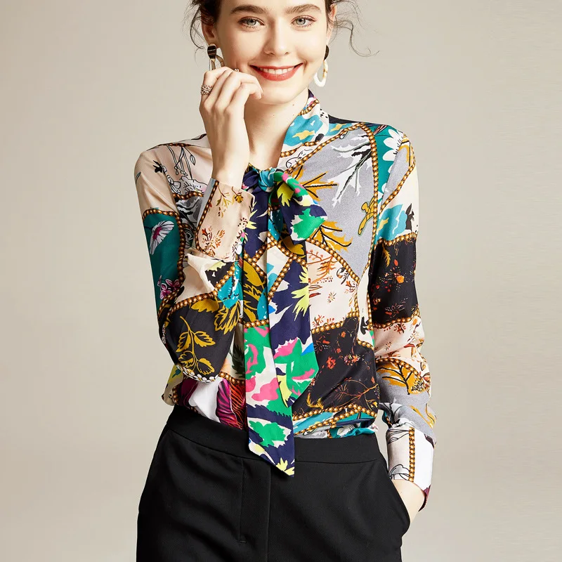 Весна чистый шелк с рисунком блузка для женщин длинным рукавом рубашки