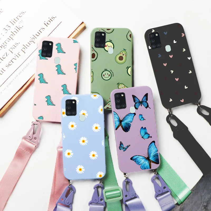 For Samsung A21S Fashion Silicone Necklace Strap Lanyard Cord Rope Chain Cases For Samsung Galaxy A21S A 21S A21 S Bumper Coque samsung cases cute
