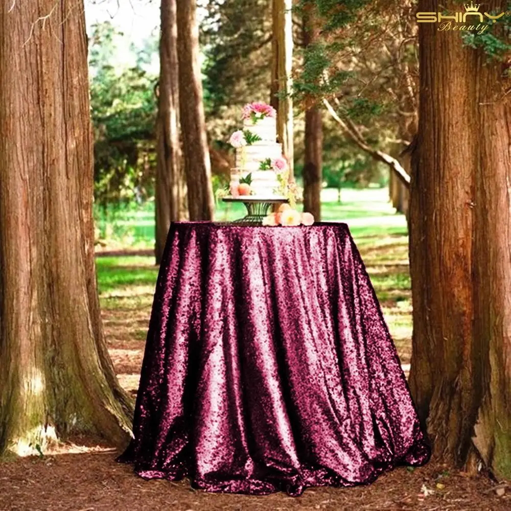  Sequin Tablecloth Round Burgundy 90 Inch Sparkly Table Linen for Wedding Birthday Party Cake Desser