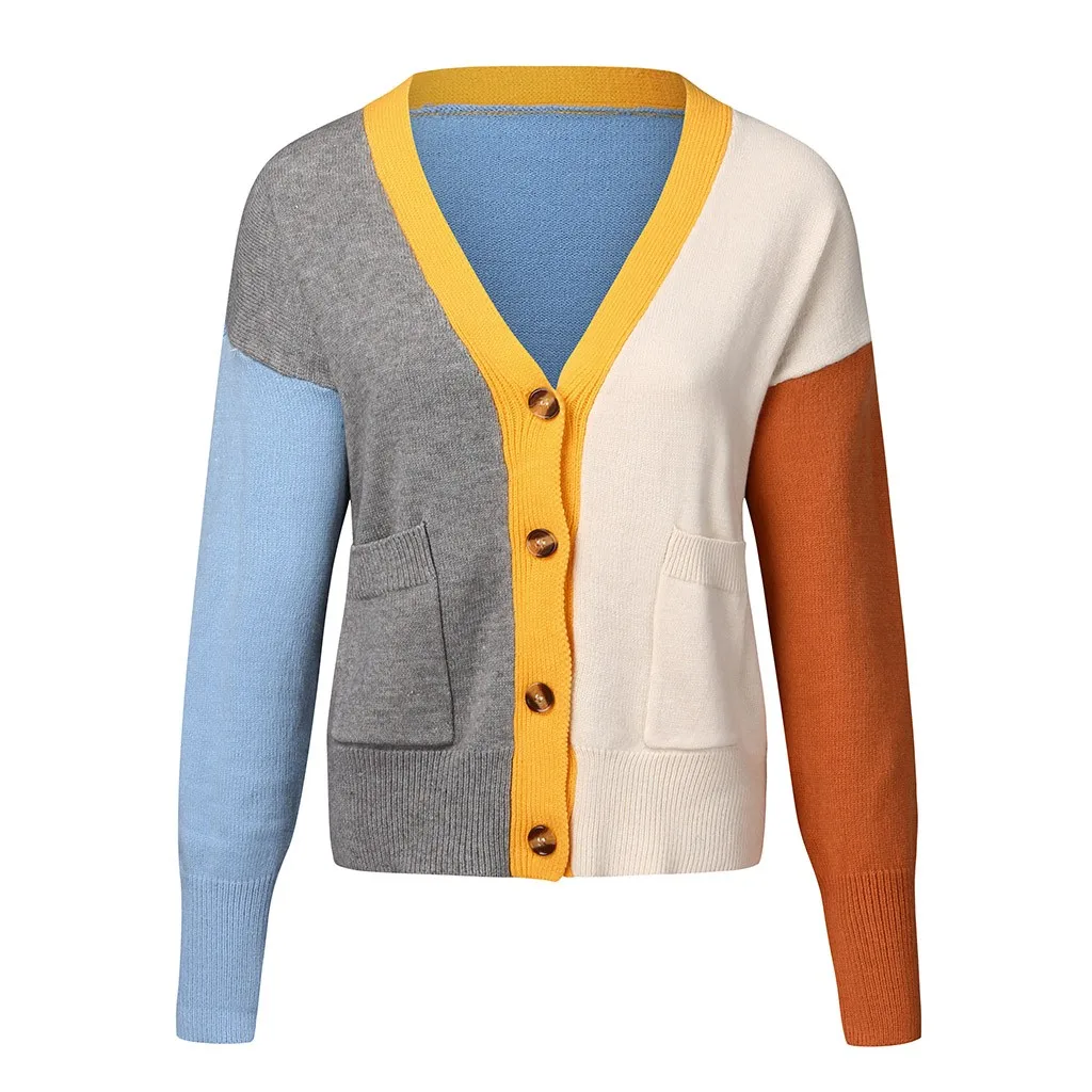 Pull femme nouveaute, женский свитер с длинным рукавом, цветной блок, карманы, v-образный вырез, кнопка, свитер, Джерси, mujer truien dames