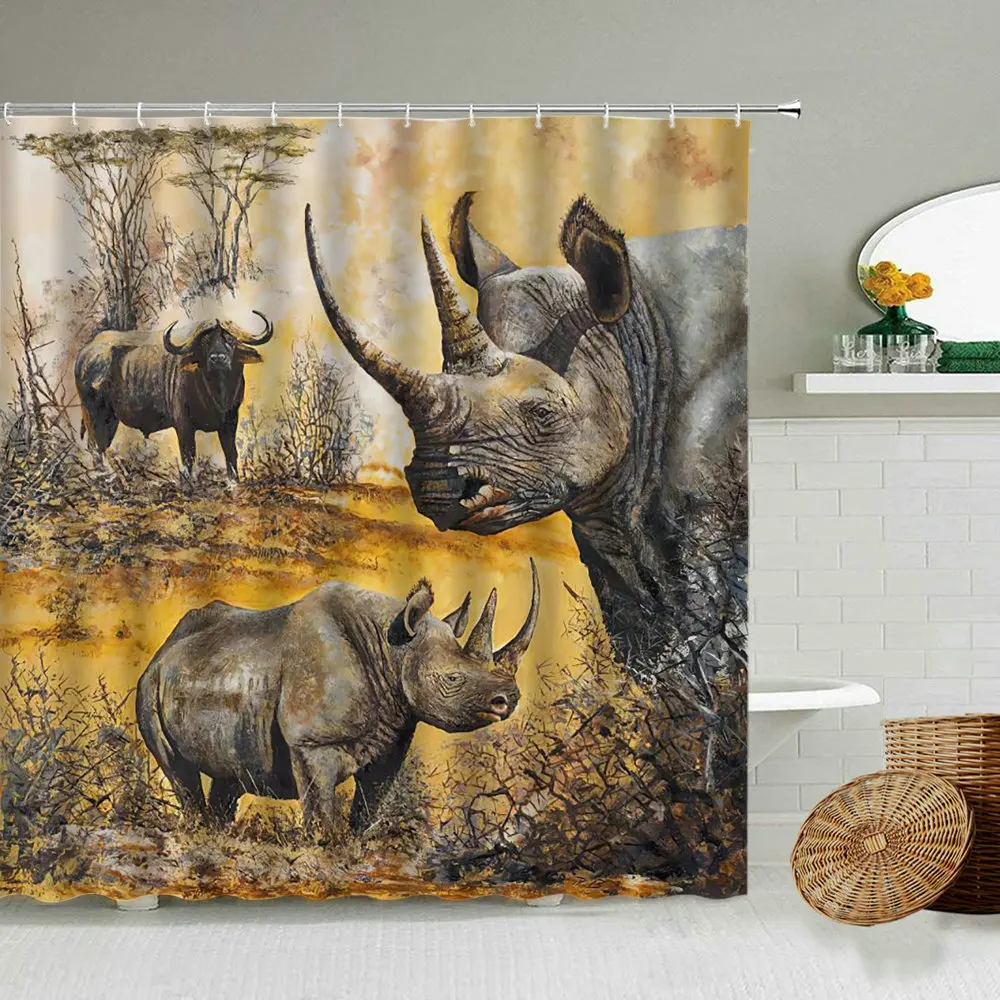 African Wild Animal Rhinoceros Bathroom Shower Curtain Set Waterproof Fabric 