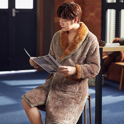 Men Winter Long Coral Fleece Bathrobe Kimono Thick Warm Flannel Bathrobe Casual Robe Bath Cozy Night Sleepwear Dresses Home Wear