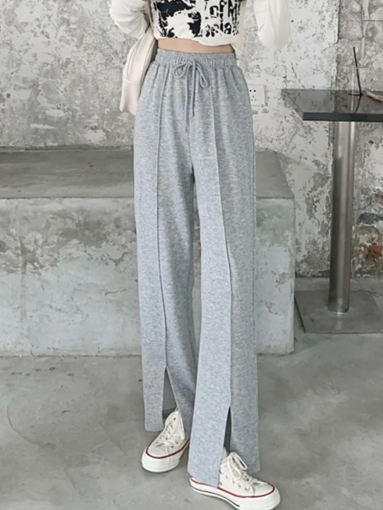 Gray Split Sports Casual Pants Women's Spring and Autumn Straight Tube Loose 2021 New Design High Waist Wide Leg | Женская одежда