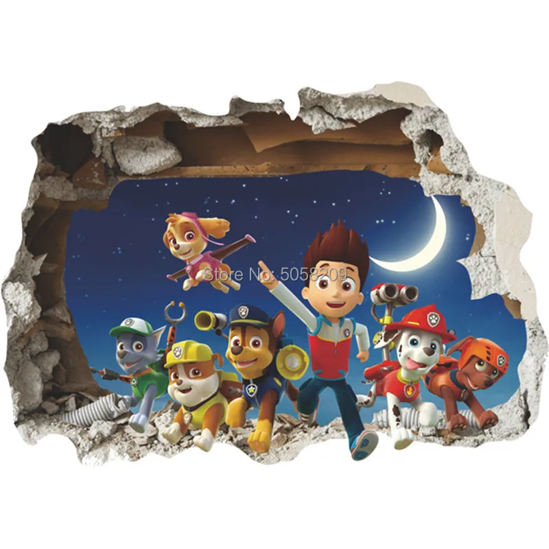 

Doggy Patrols 3d broken wall vinyl mural starry moon anime Dog poster stickers kids room decoration cartoon wallpaper 70*50cm