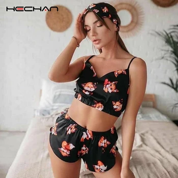 

HECHAN Print Cartoon Fox Black Satin Pajamas Women Sleeveless Crop Top Corset Animales Pattern Shorts Two Piece Set Home Suit