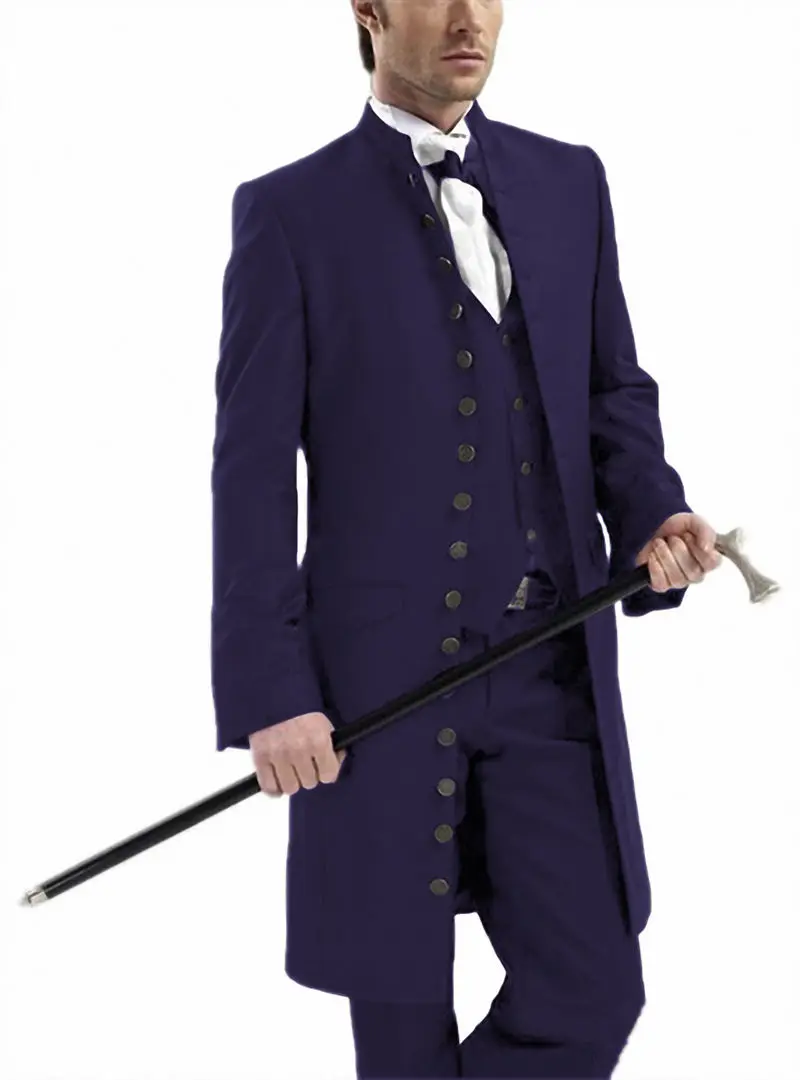 

Men's 3 Pieces Stylish Gothic Stand Collar Suits Set Wedding Steampunk Long Blazer Jacket For Banquet Party Cosplay Costume