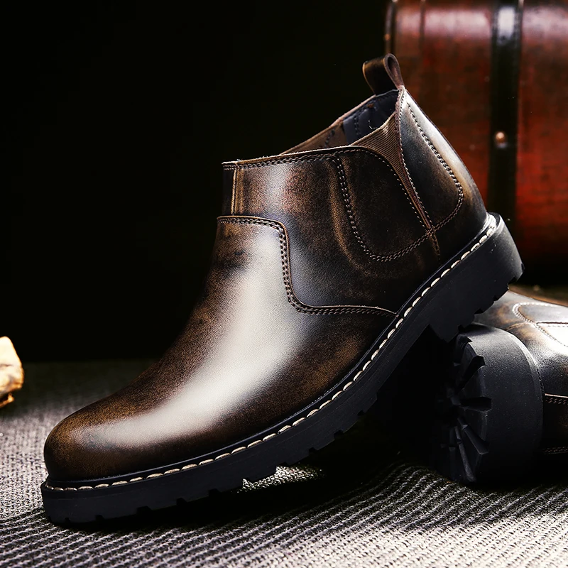 Мужская безопасная обувь; рабочие ботинки «Челси» из натуральной кожи без шнуровки; мужские повседневные ботильоны в деловом стиле; Мужская зимняя обувь с высоким берцем