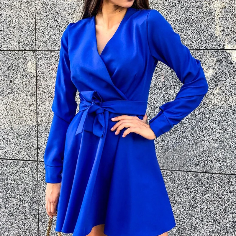 

Women Vintage Sashes Elegant A-line Party Dress Long Sleeve Sexy V neck Solid Casual Mini Dress 2019 Autumn New Fashion Dress
