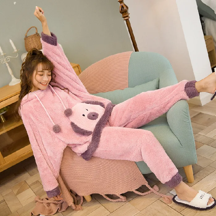 

New Style Korean-style Sweet GIRL'S Long Velvet Pajamas Women's Autumn And Winter Thick Flannel Hooded Loose-Fit Homewear Set