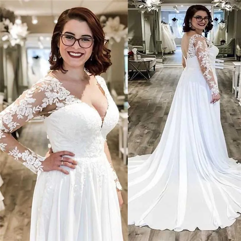 

Long Sleeves Lace Top A-Line Wedding Dress Bridal Gowns 2021 Formal Plus Size Bride Dress Vestidos De Novia