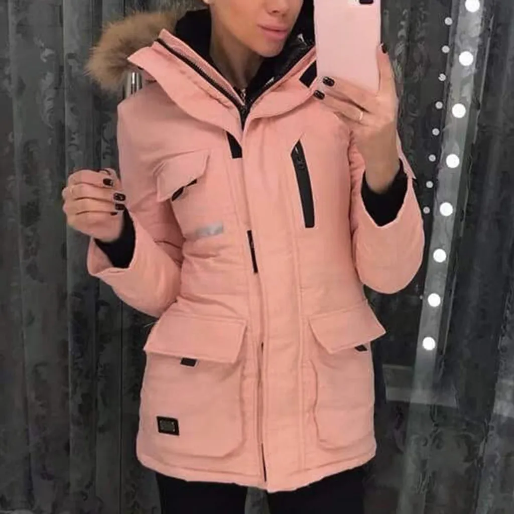 Pink Womail пальто и куртки для женщин, Осеннее меховое теплое пальто с капюшоном и карманами, толстое пальто на молнии с капюшоном, женская модная Свободная верхняя одежда с длинным рукавом - Цвет: Pink