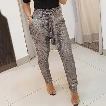 

Casual Harem pants Women Sequini 2020 Party Club African Wide Legs Pants Trouses Femme Pencil Female Pants Lace Up Belt
