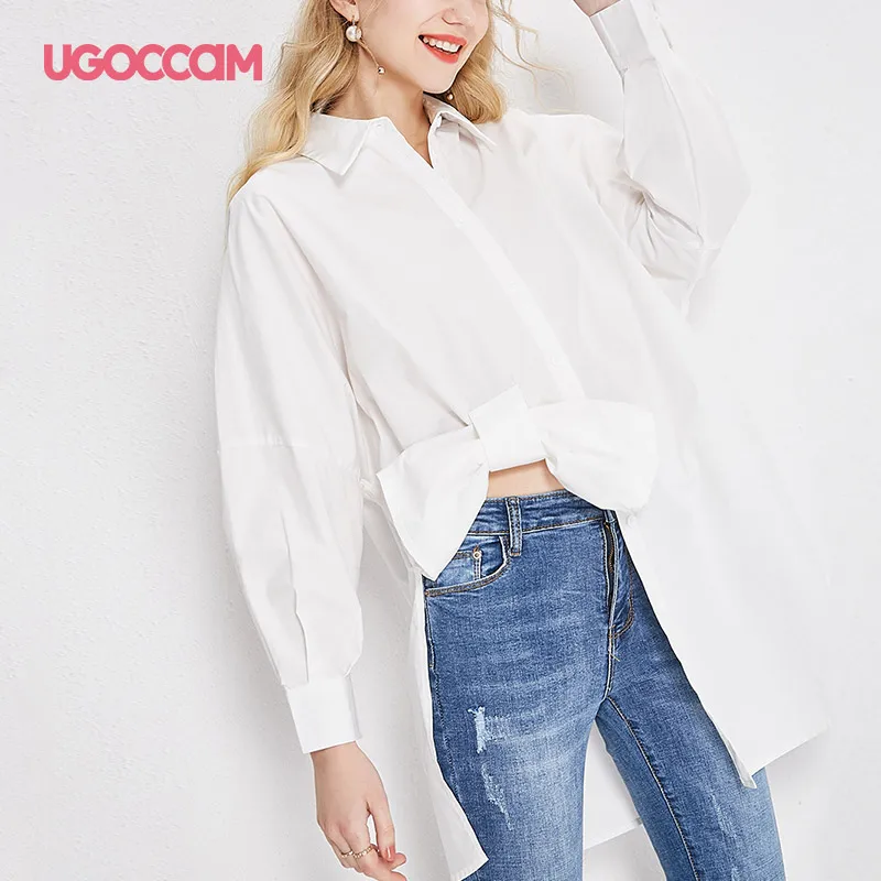 

UGOCCAM Women Tops White Shirt Blusas Long Casual Shirt Women Casual Full Sleeve Solid Asymmetrical Bow Tie Ladies Casual Top