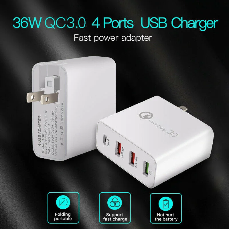 Настенное зарядное устройство адаптер 4 порта type C USB зарядное устройство адаптер Быстрая зарядка для домашнего офиса TU-shop