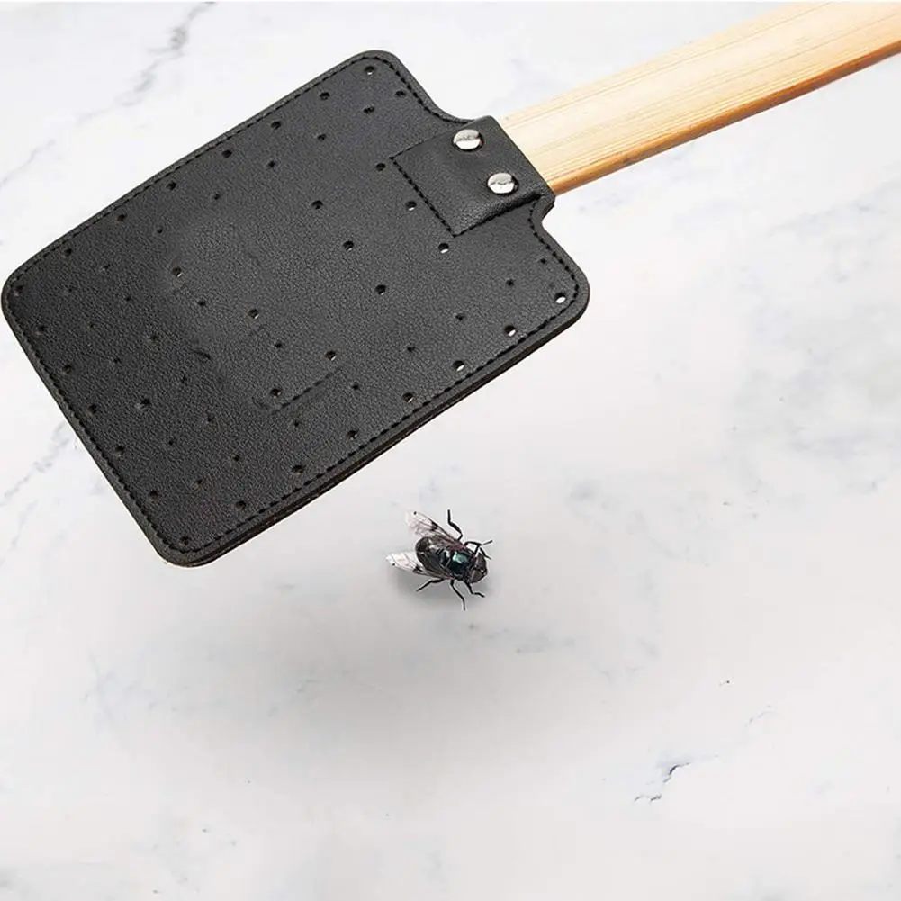 Fly Swatter With Wooden Handle Leather Fly Swatters For Home Garden Swatter Prevent Pests Mosquito Tool Destroaser Tool