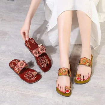 

Women Slippers Summe Leather Flip Flops Embroidery Brand Women Shoes Handmade Genuine Leather Beach Slippers Flower Girls Shoes