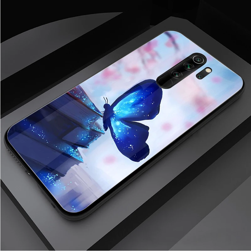 Butterfly Tempered Glass Phone Case For Redmi Note 5 6 7 8 9 Pro Note8T Note9S Pro Redmi7A 8 9 Cover Shell