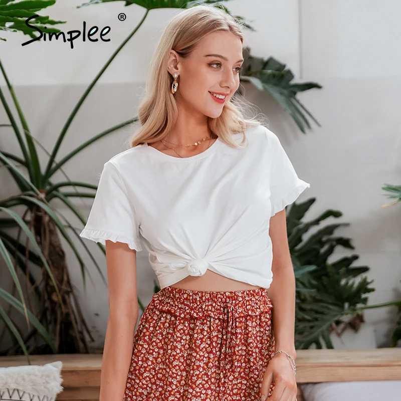 

Simplee Casual ruffle solid white half sleeve women T-Shirt Summer holiday short tops Female chic beach streetwear tshirt top