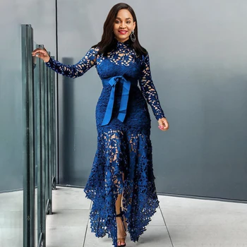

Blue High Neck Long Sleeves Elegant Lace Evening Dress Mermaid High Waist Zipper Party Formal Women Evening Dresses