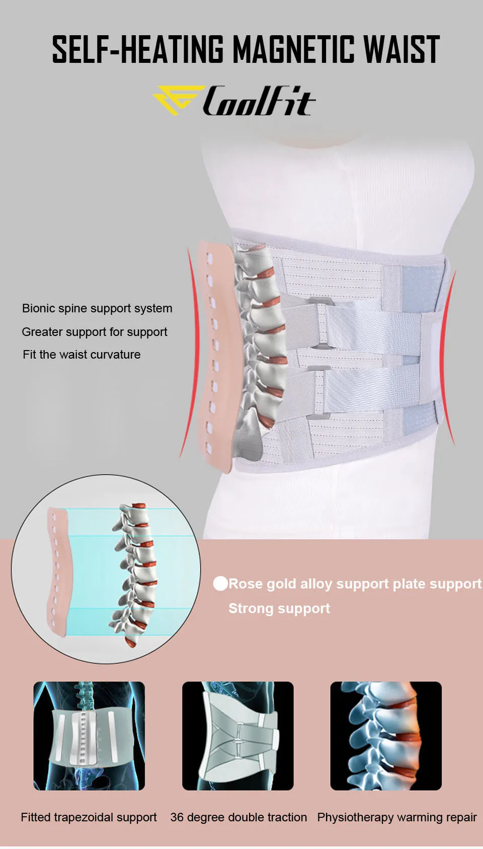 CoolFit ортопедический турмалиновый самонагревающийся Магнитный стальной костяной пояс для поясницы Поясничный поддерживающий пояс для спины с 3 накладками
