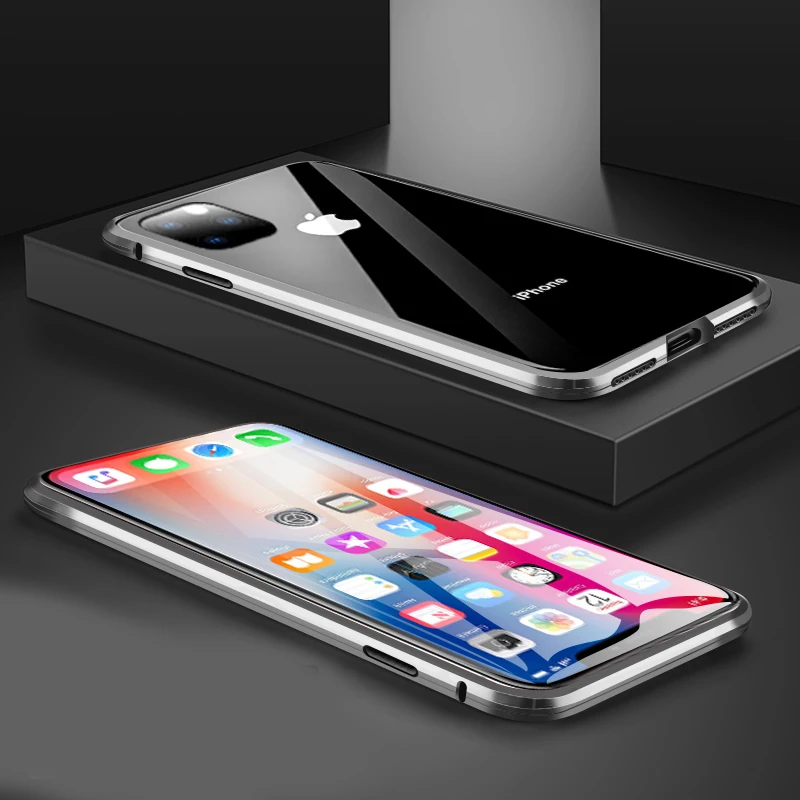 Двусторонний 360 градусов Магнитный адсорбционный стеклянный чехол для iphone 11 11 Pro MAX чехол для телефона - Цвет: Silver