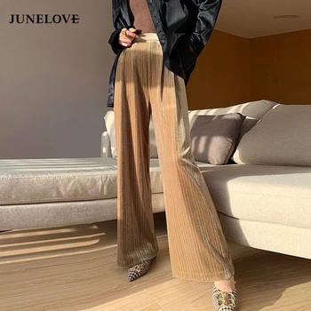 

JuneLove Women Spring Velvet Loose Long Pants Vintage Elastic Waist Female Wide Leg Pants Casual Street Lady Plus Size Bottoms