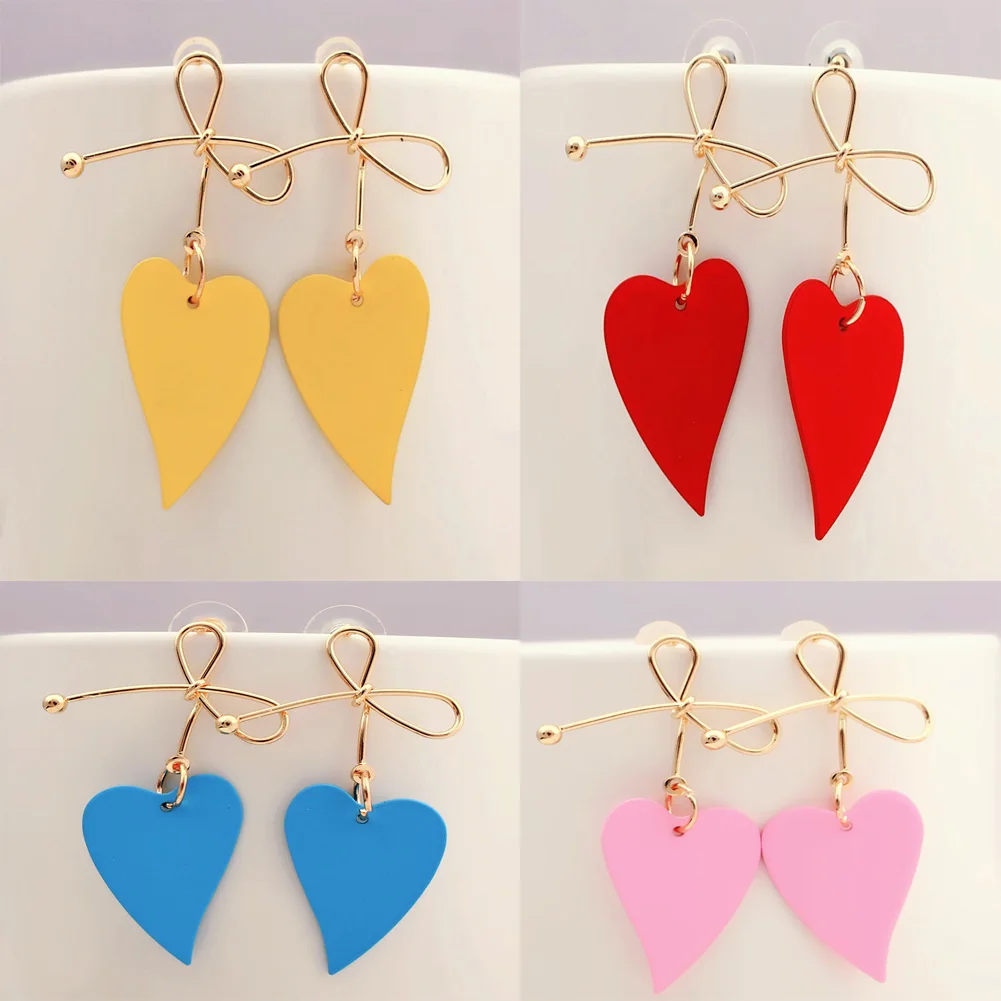 

New Style Gold Color Big Metal Bowknot Heart Drop Earrings for Women Handmade Sweet Exaggeration Wedding Party Jewelry Gift