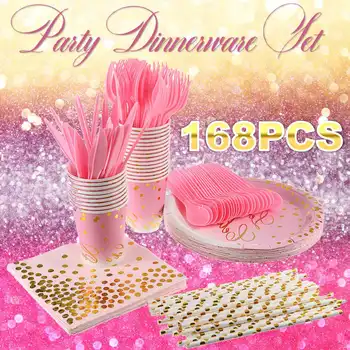 

168Pcs High Quality Pink Hot Stamping Disposable Tableware Set Plate/Napkin/Cup/Fork/Knive Serving 24 Guests Party Supplies