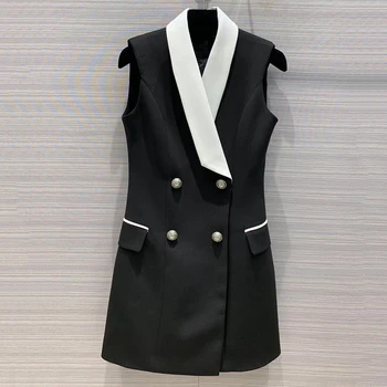 

Office Ladies Vest Dress Women Autumn Double Breasted Sleeveless Dress Fashion Vest Dress