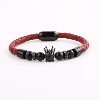 High Quality Men Bracelet New Design Stainless Steel Clasp Natural Stone CZ Crown Charm Genuine Leather Bracelet Men