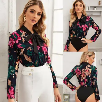 

Vintage Women Floral Bow Long Sleeve Leotard Playsuit Jumpsuit Romper Fashion Sexy Print Slim Bodysuits