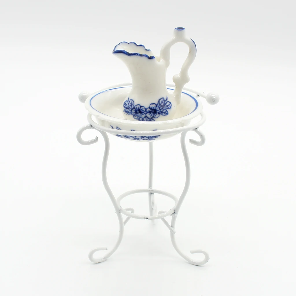 

Dollhouse Miniatures Blue Floral Water Pot Washbasin White Rack 1/12 Scale
