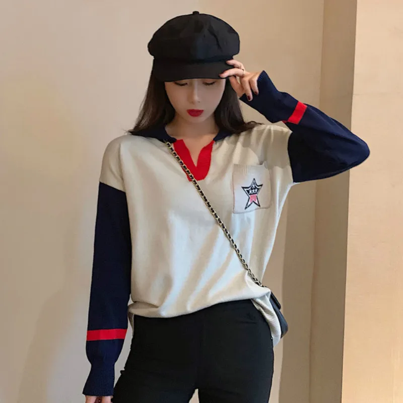 

Milinsus Patchwork Women Knitted Sweater Polo Neck Long Sleeve Pullover Overcoat for Women Autumn Winter 2019