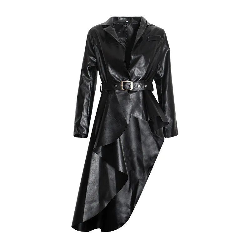 Подиумная дизайнерская искусственная кожа пальто для женщин осень зима длинный рукав Асимметричная ветровка женская верхняя одежда пальто - Цвет: Черный