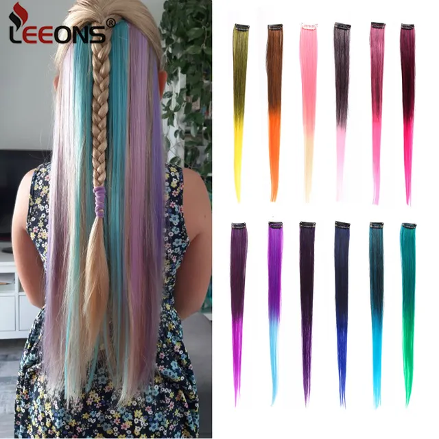 Leeons Colored Highlight Synthetic Hair Extensions Clip In One Piece Color Strips 20" Long Straight Hairpiece For Sports Fans 1
