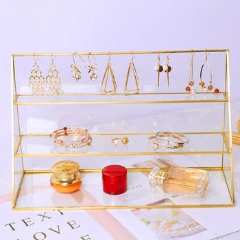

3-Tier Glass Jewelry Display Showcase with Gold-Tone Metal Frame