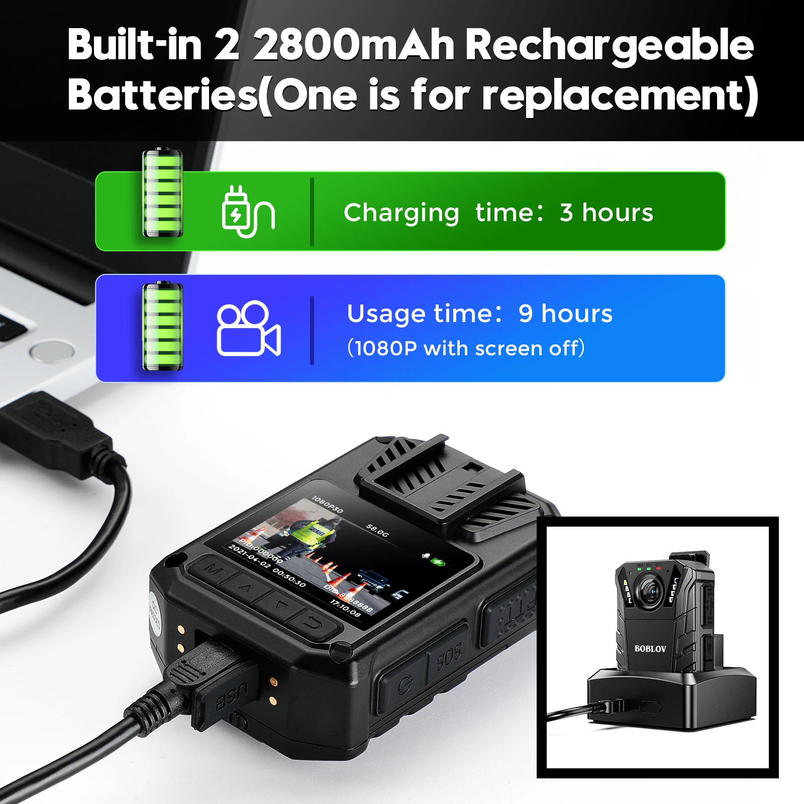 BOBLOV KJ09 Mini Body Camera 64GB FHD 1296P Bodycam Police Small Portable Night Vision IP66 Waterproof Two Batteries Mini Camera