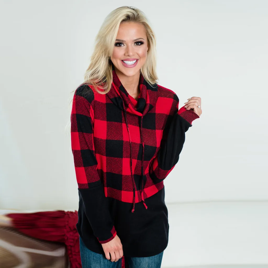 

womens tops and blouses 2019 turtleneck women blouses long sleeve Plaid Splicing Drawstring Blouse blusas femininas plus size
