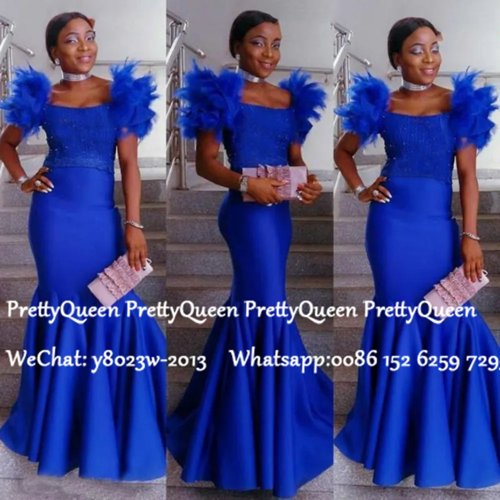 Royal Blue Африканские женские плиссированные платья Русалка для выпускного вечера с Бисер с перьями Королевский Синий Атлас длинное вечернее платье - Цвет: Royal Blue