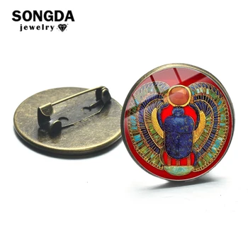

SONGDA Ancient Bronze Color Egyptian Scarab Brooches Symbol of Strength Pattern Glass Round Metal Pins Button Badges Accessories