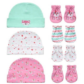 

3 pcs hat with 4 pairs of gloves Newborn Baby caps and scratch mittens