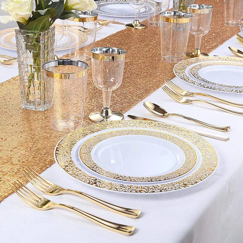 150 шт Золотые пластиковые тарелки с одноразовыми пластиковыми столовыми изделиями, кружевной дизайн, свадебные вечерние пластиковые столовые приборы, наборы для всех праздников