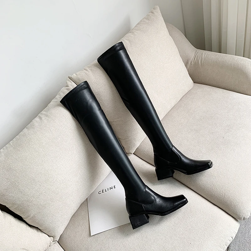 Genuine leather Women thick high heels over the knee high Boots square toe casual motorcycle Shoes lace up Woman boots