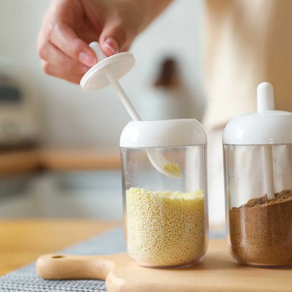 

Kitchen Supplies Seasoning Bottle Salt Storage Box Spice Jar With Spoon Creative plastic Storage Box Home Kitchen Tools 2019