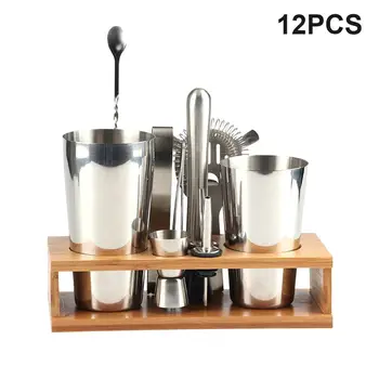 

12Pcs/Set Bartending Kit Cocktail Shaker Set with Wooden Stand Cocktail Measuring Cup Bottle Stopper Blending Tool for Bar 30E
